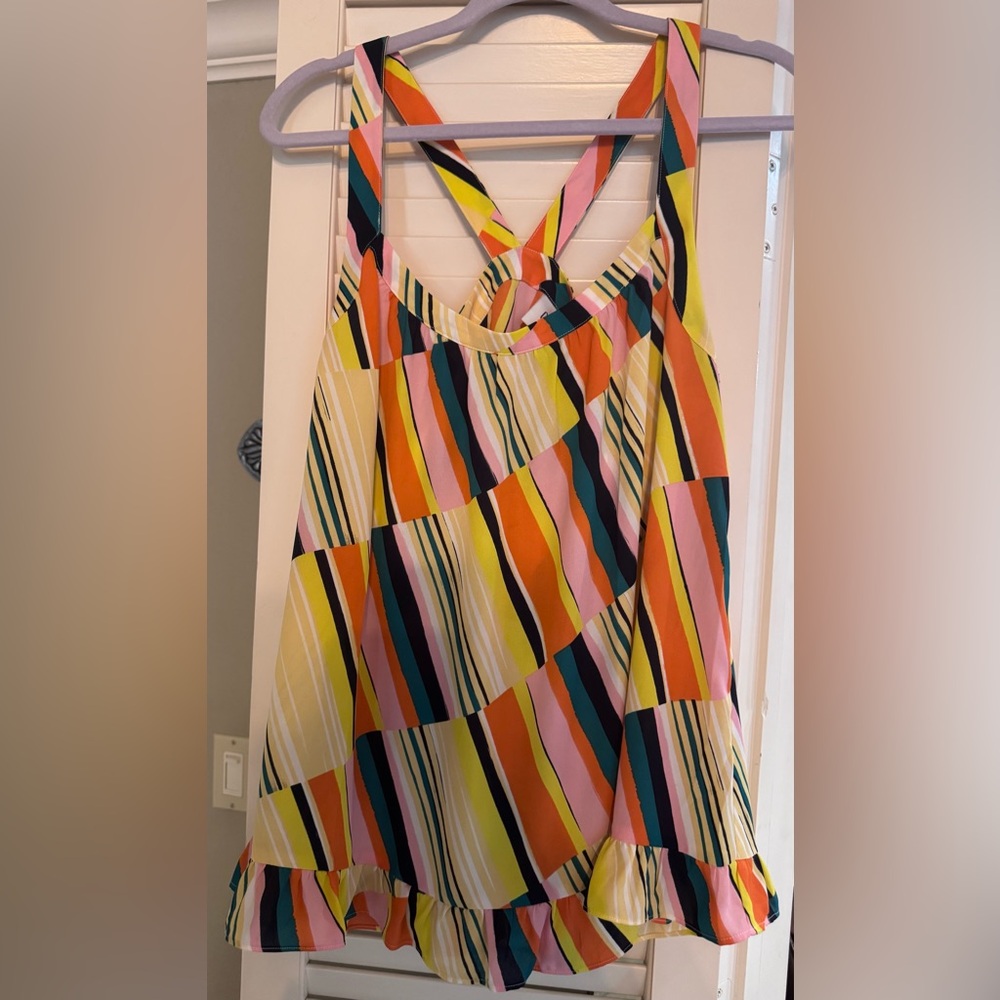 CAbi Asymmetrical Ruffled Tank Top in Orange and Pink